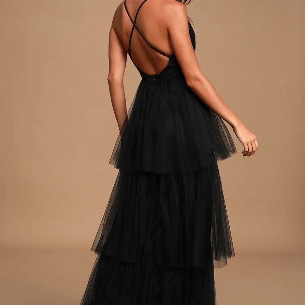 Lulus Black Backless Tiered Tulle Maxi Dress